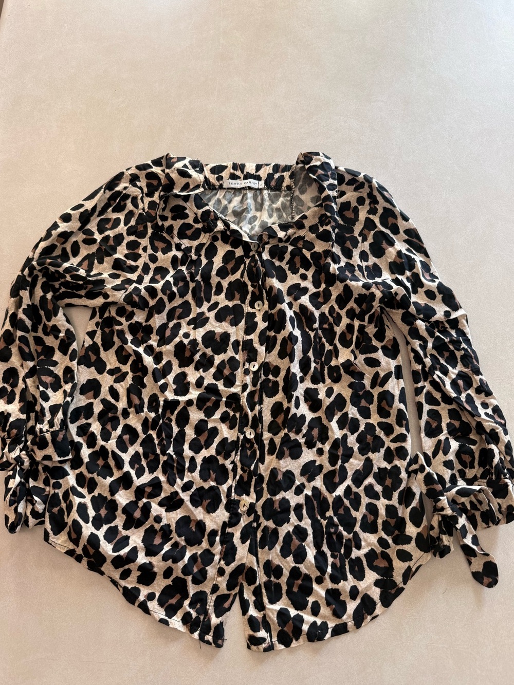 Tempo Paris Leopard Print Button-Down Top - Black and Tan